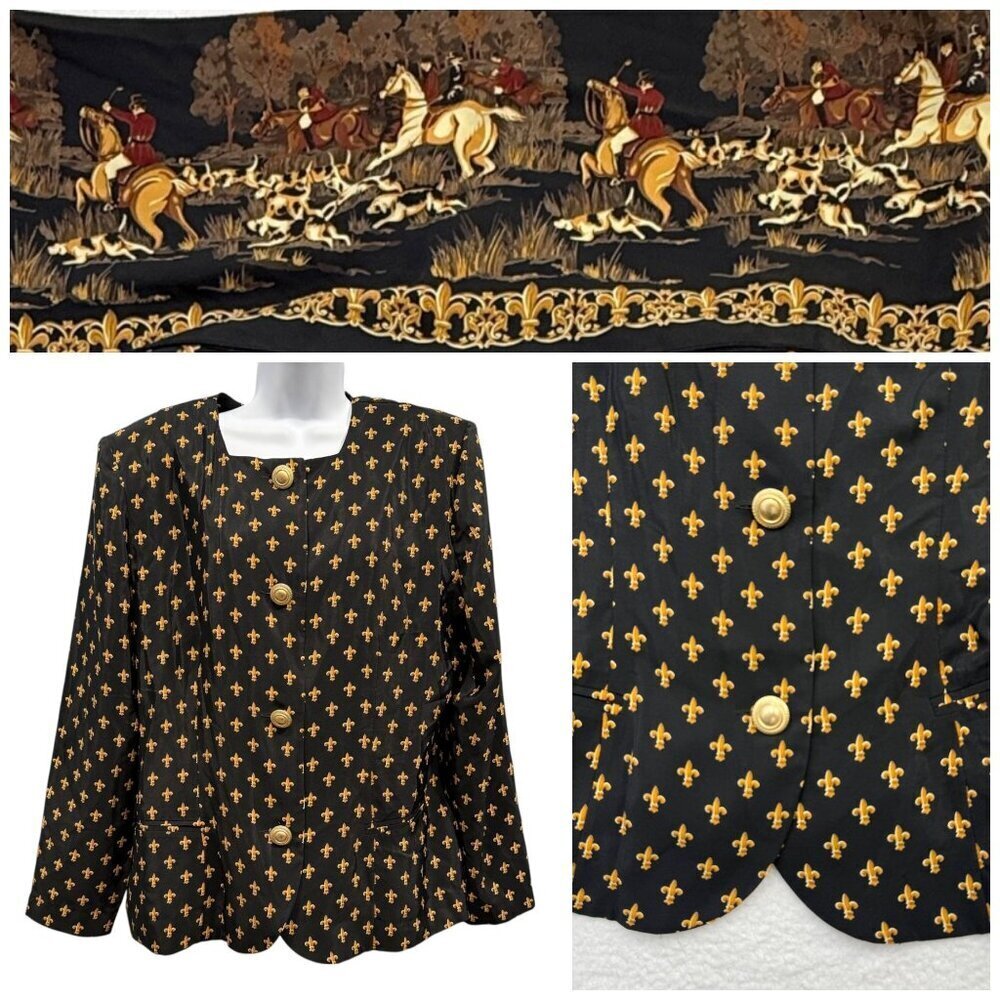 VTG Leslie Fay Blazer Scarf‎ Set Fleur-Di-Lis Equestrian Hunting Horse Size 14